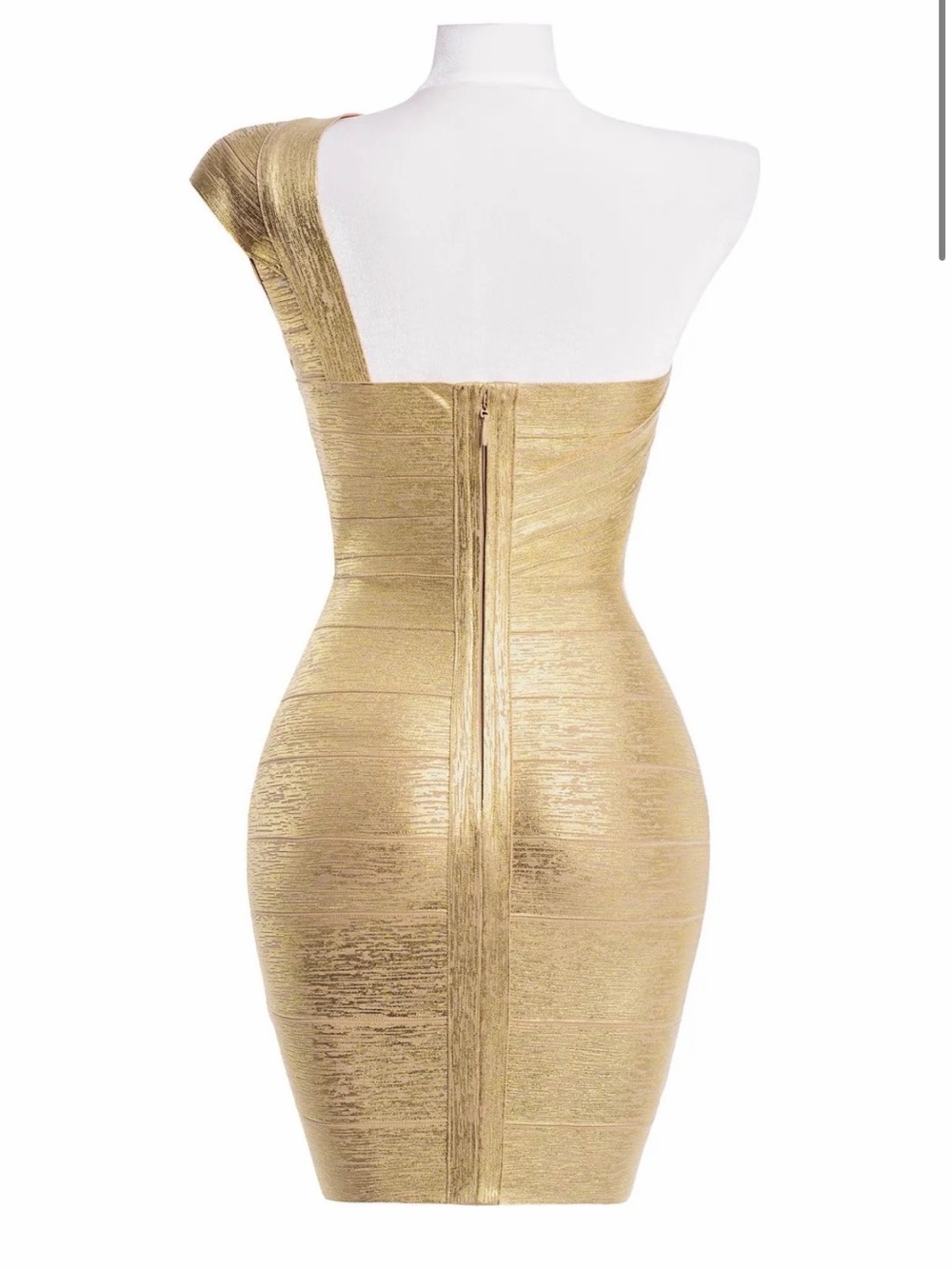One-Shoulder Metallic Gold Bodycon Dress SIZE M - Picture 2 of 5